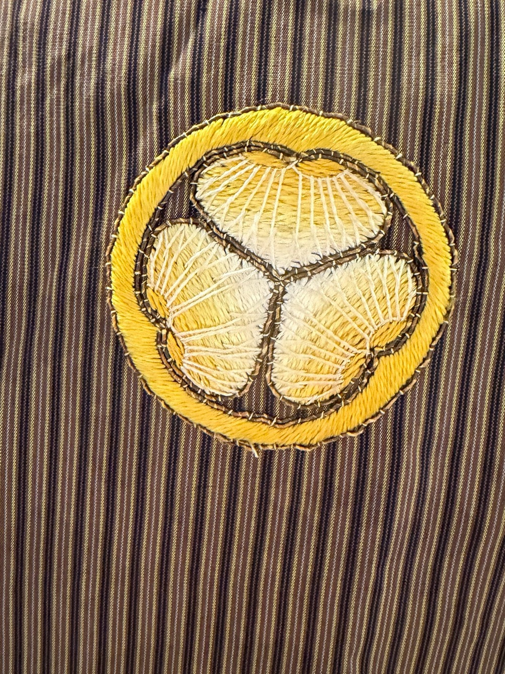 Vintage Japanese Silk Kimono Maxi Robe Tokugawa Crest Tsumugi Striped AS IS - Picture 10 of 16